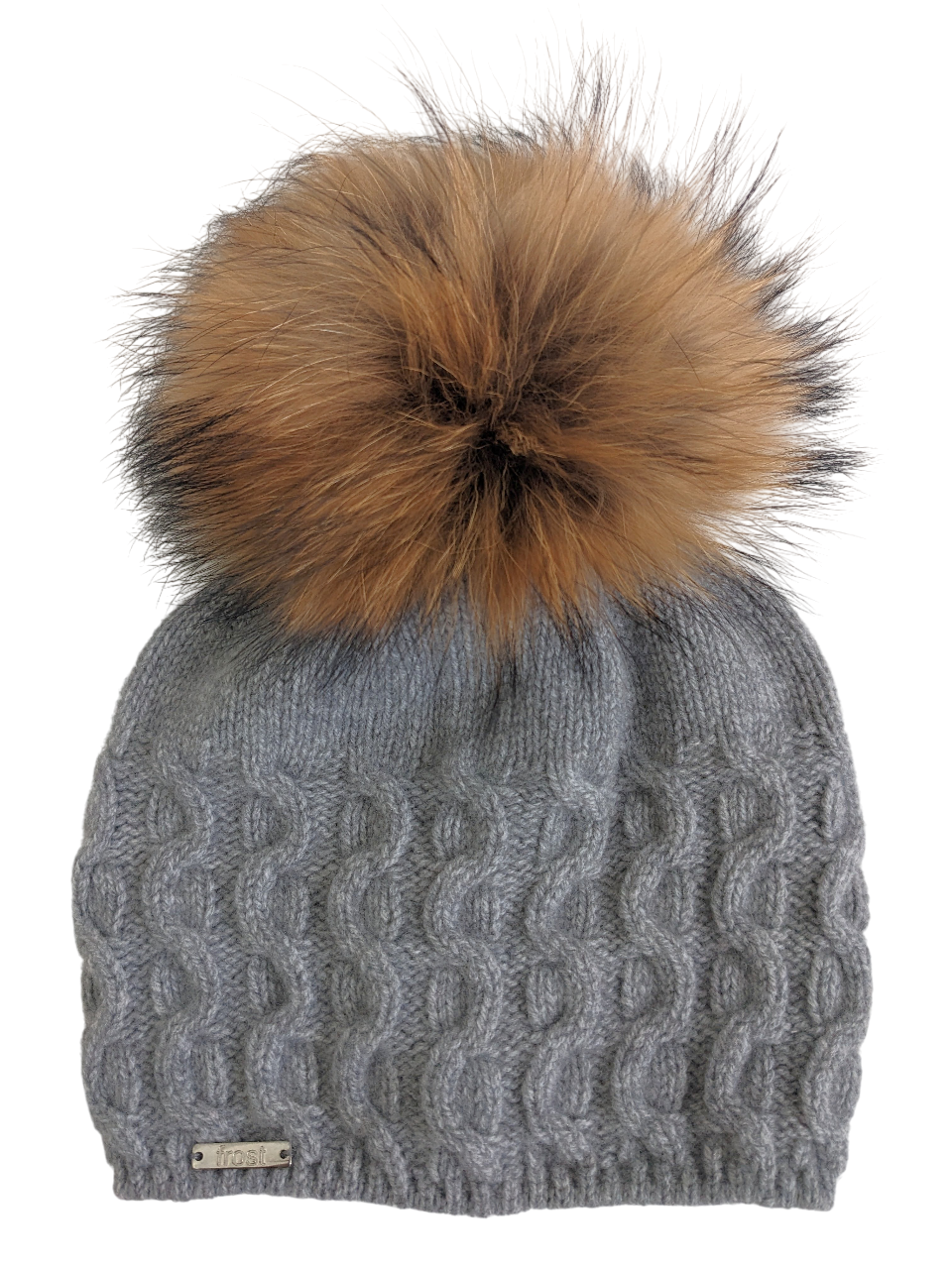 50% Cashmere 50% Merino Cable Knit Hat w/ Detachable Fur Pom