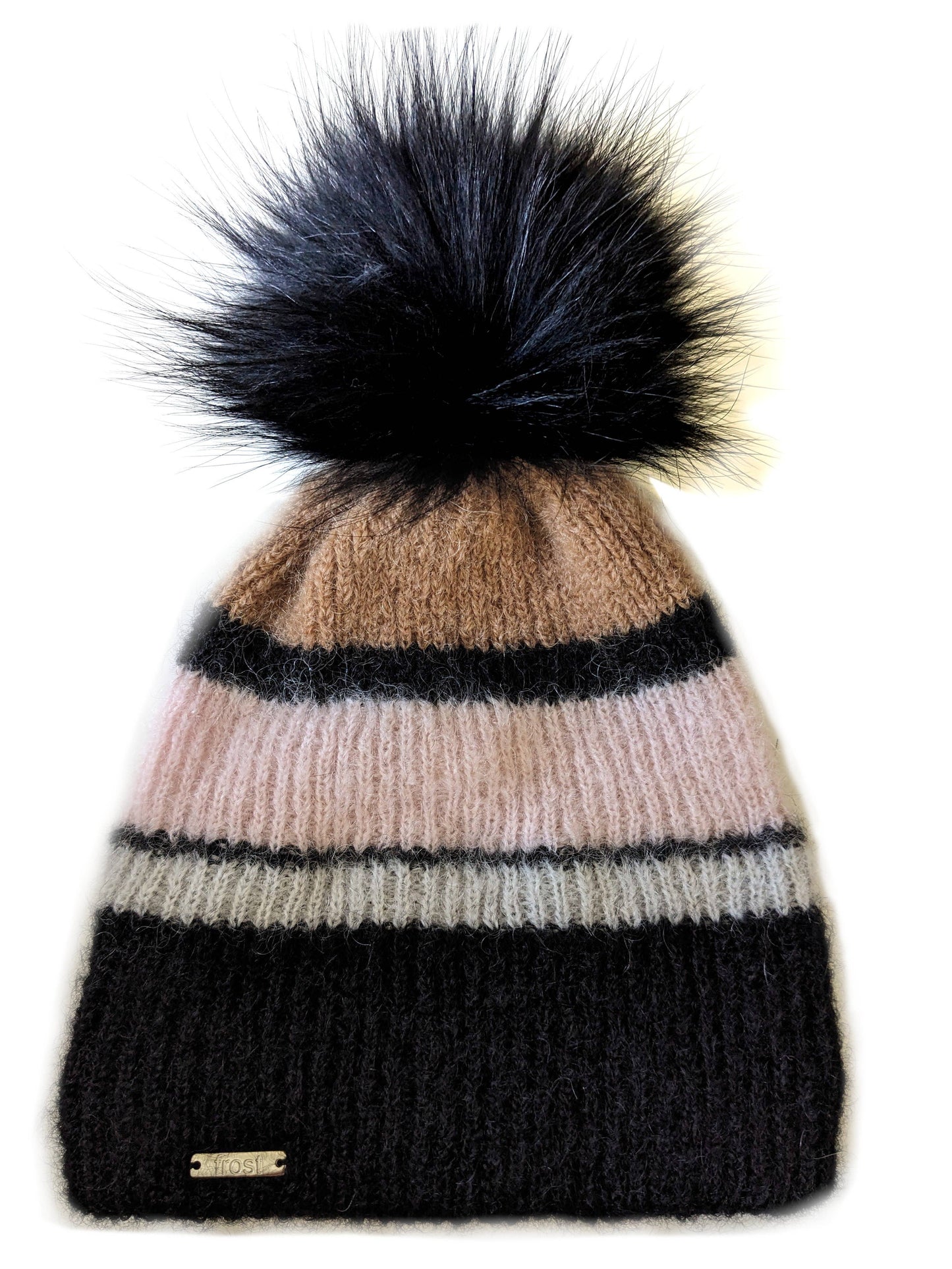 Striped mohair hat with fur pompom and fleece band lining