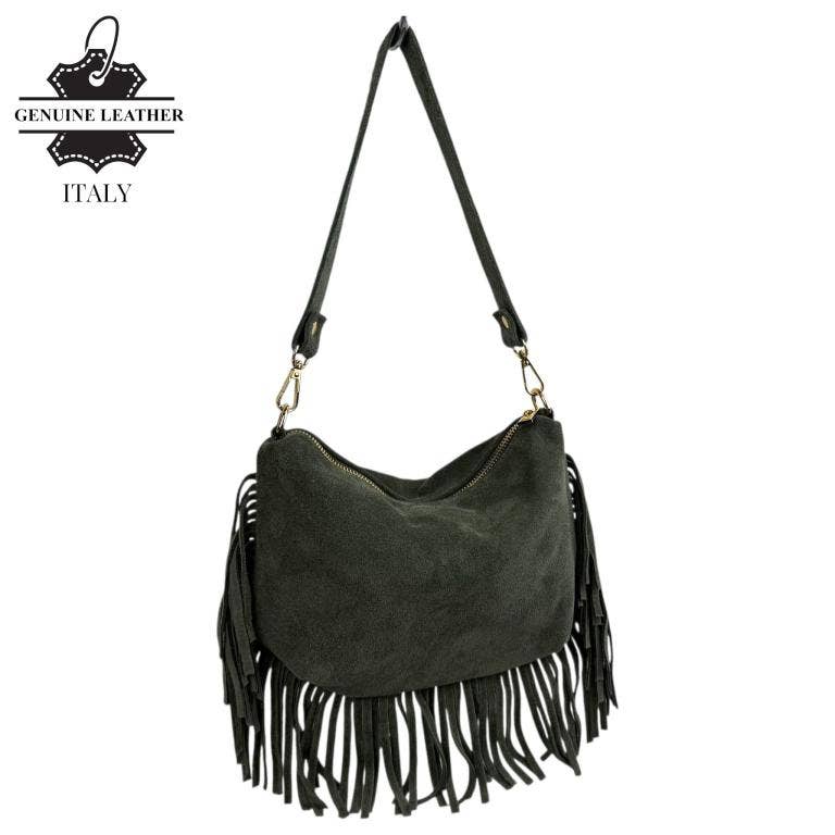 Italian Suede Crossbody Bag with Fringes