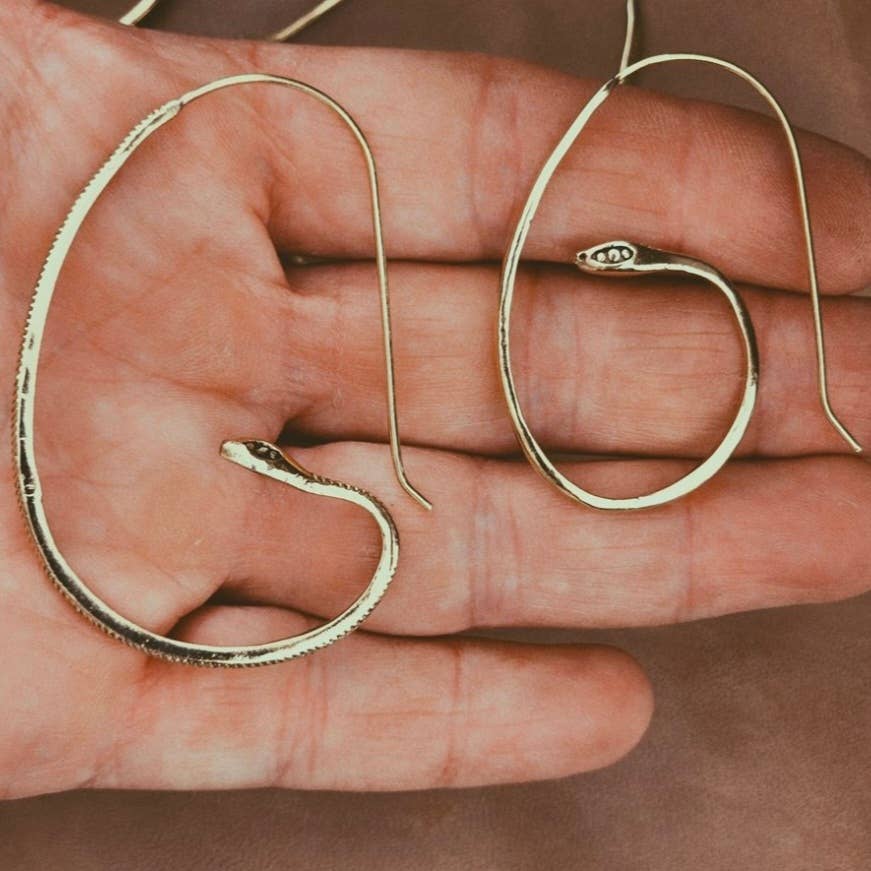 Brass snake serpent hoop earrings large onyx eyes #BX30