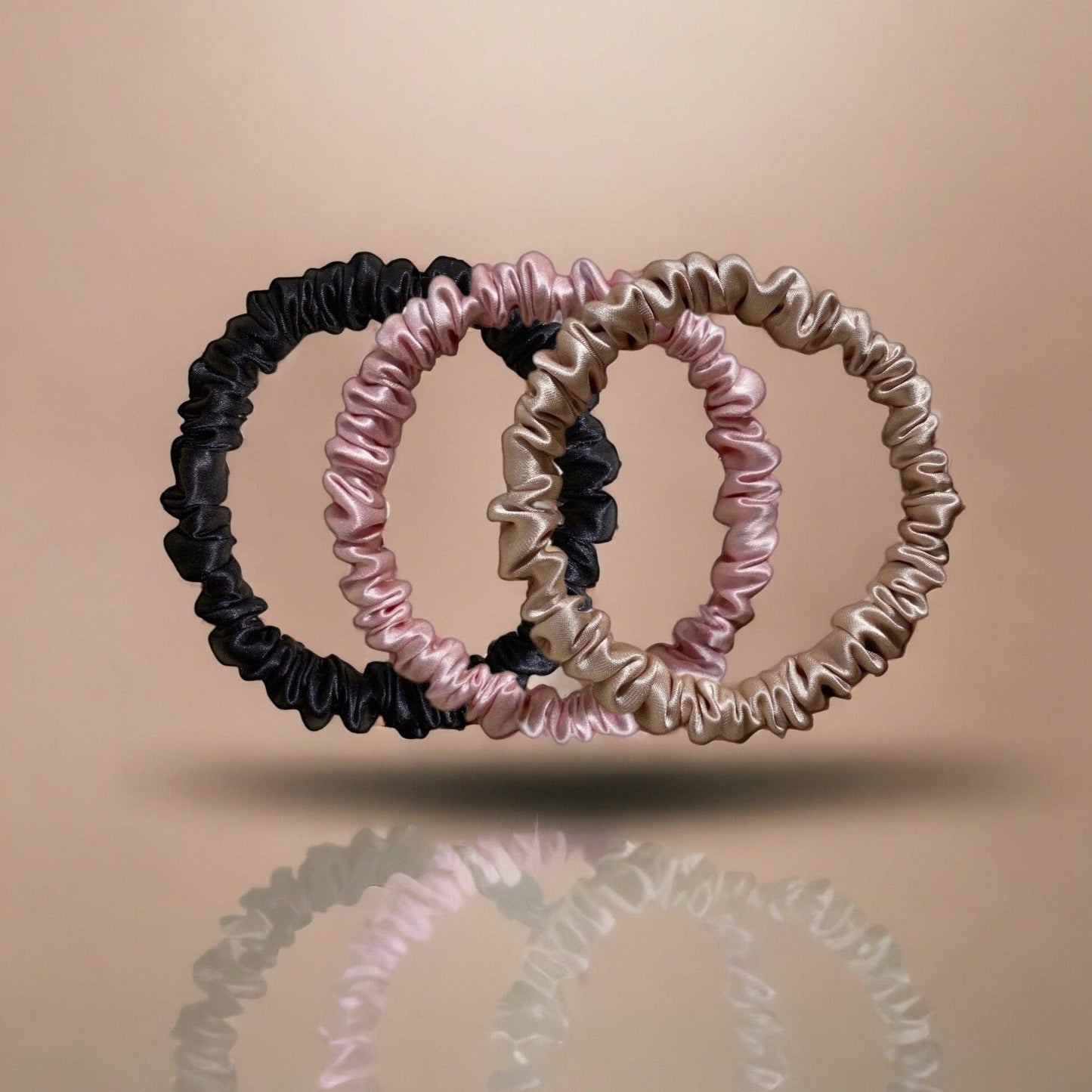 Skinny Silk Scrunchie 3 Pack Bundle - Black, Pink, Champagne