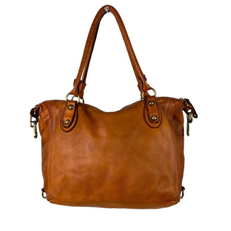 Vintage Look Washed Leather Bag with Front Pockets