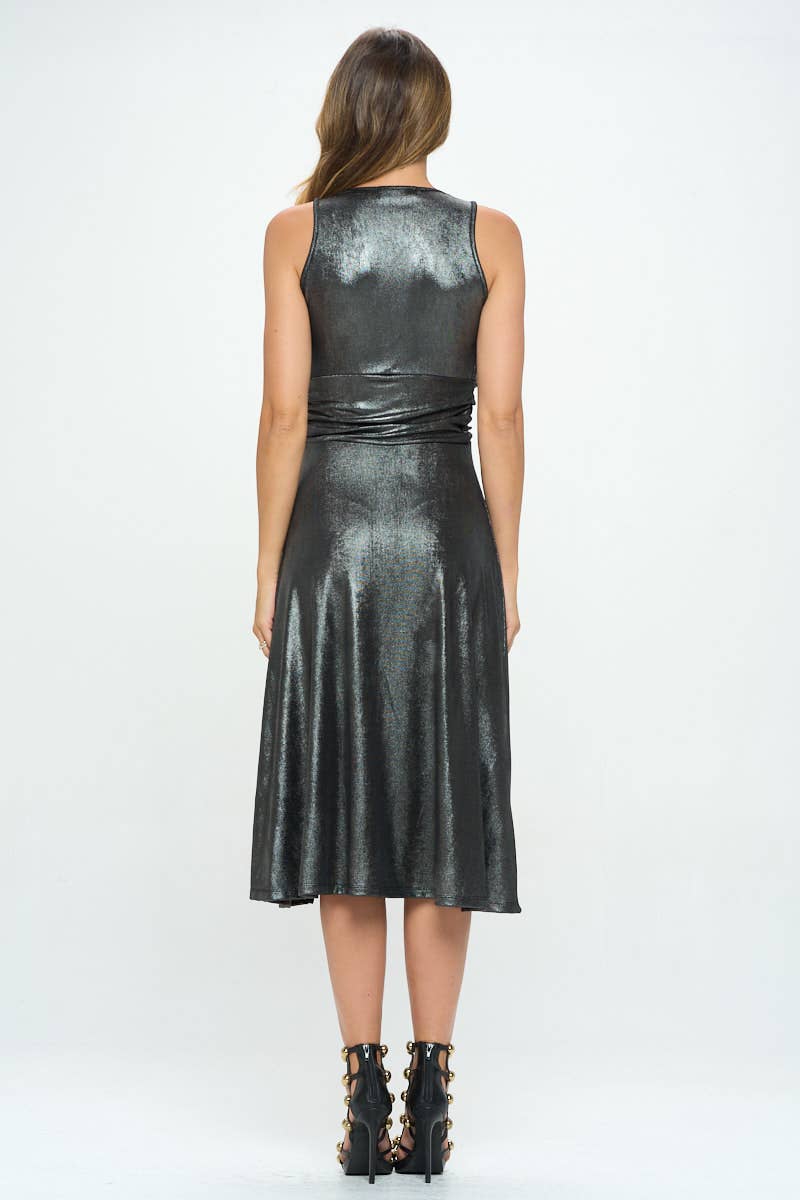 Black/Silver Metallic Deep V Lined Dress w/ Slit (Made in USA)