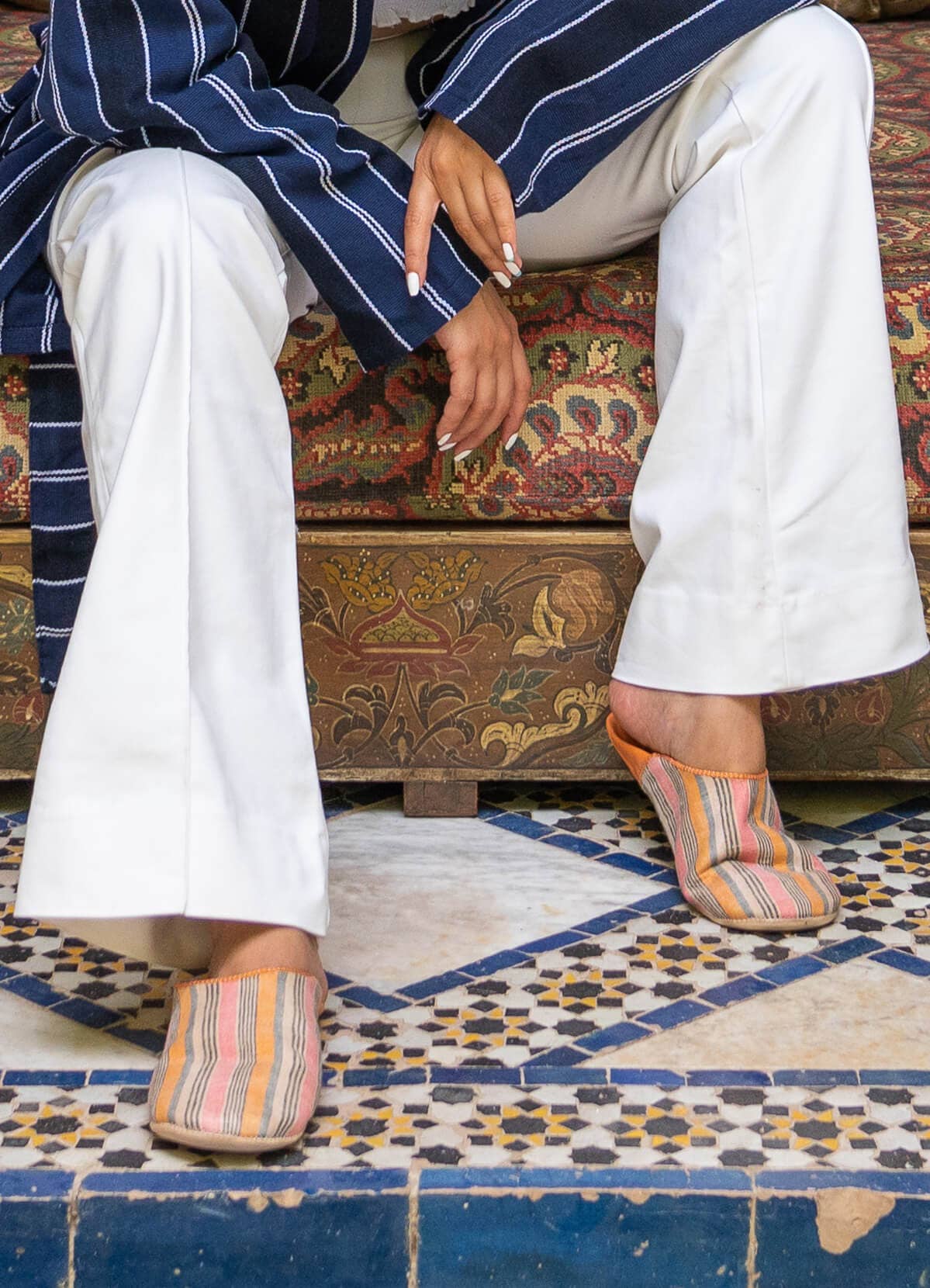 Moroccan Leather Linen Slippers | Tangerine Stripe