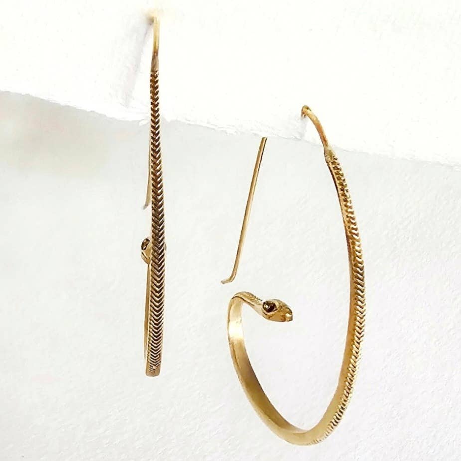 Brass snake serpent hoop earrings large onyx eyes #BX30