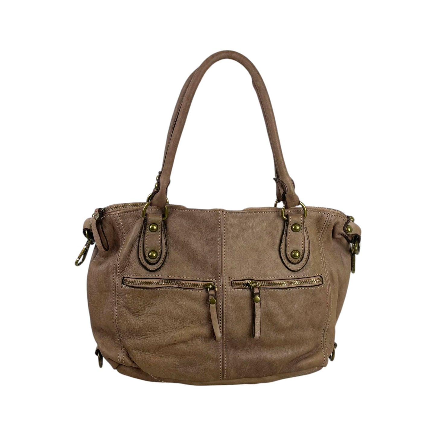 Vintage Look Washed Leather Bag with Front Pockets