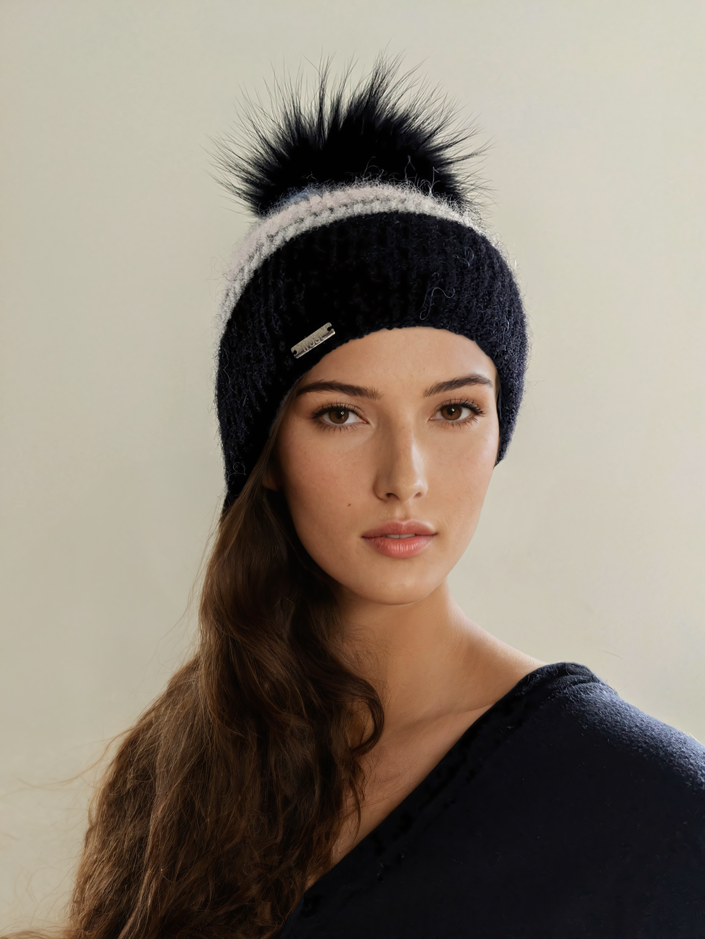 Striped mohair hat with fur pompom and fleece band lining