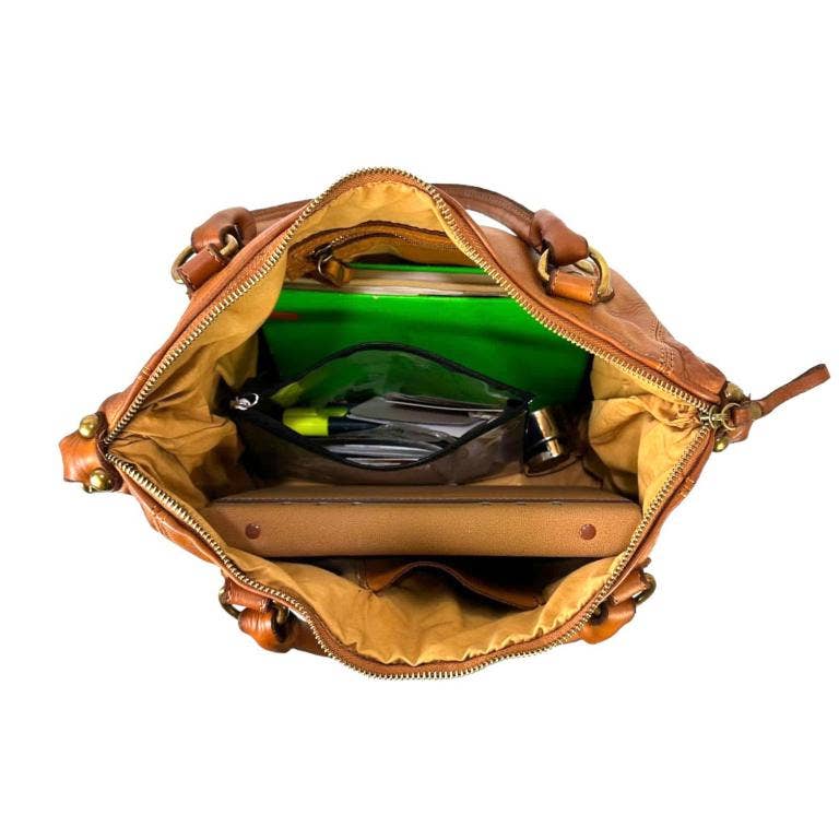 Vintage Look Washed Leather Bag with Front Pockets