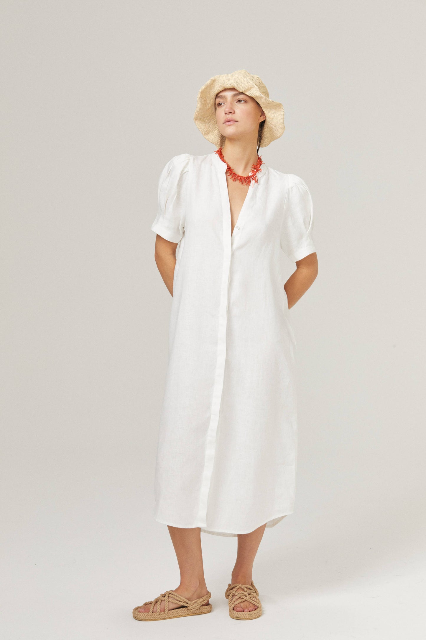 Athina Midi Linen Dress - White