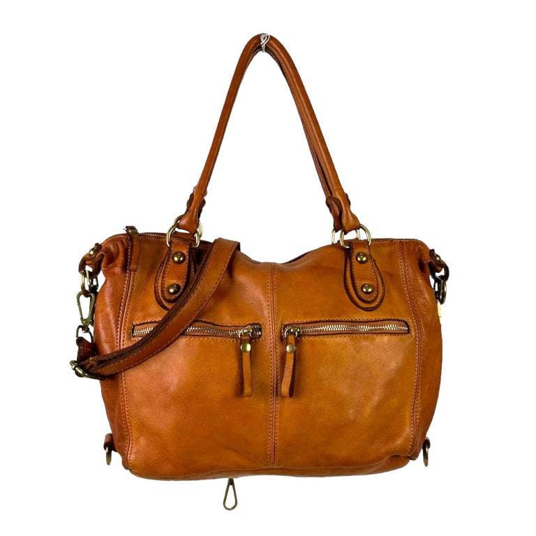 Vintage Look Washed Leather Bag with Front Pockets