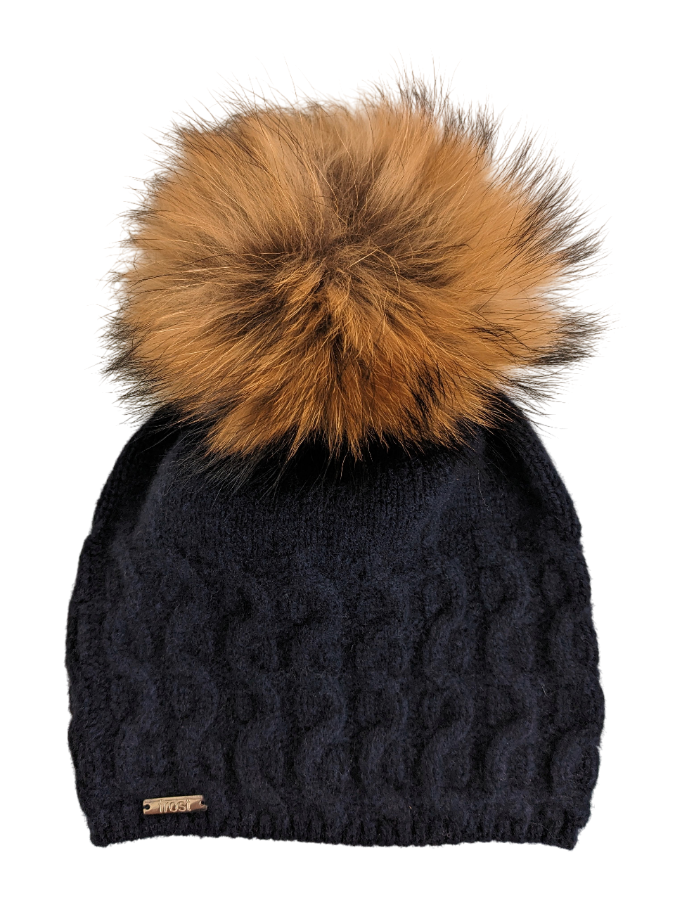 50% Cashmere 50% Merino Cable Knit Hat w/ Detachable Fur Pom