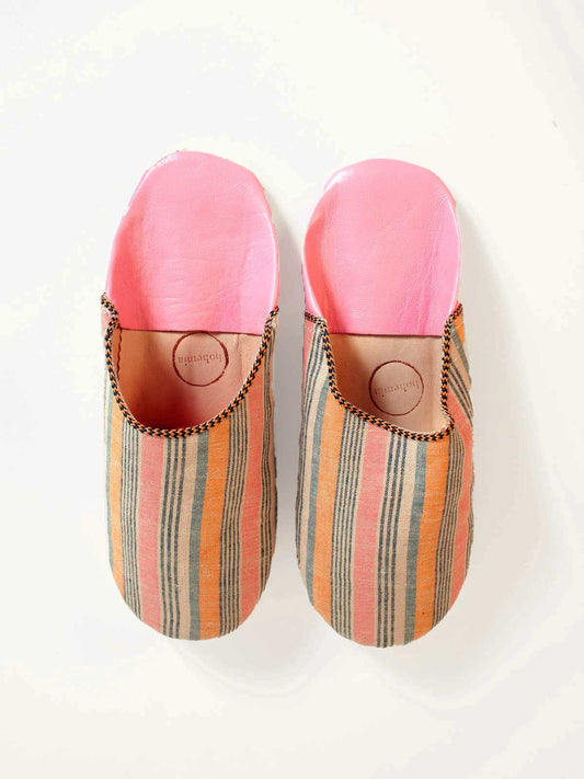 Moroccan Leather Linen Slippers | Tangerine Stripe