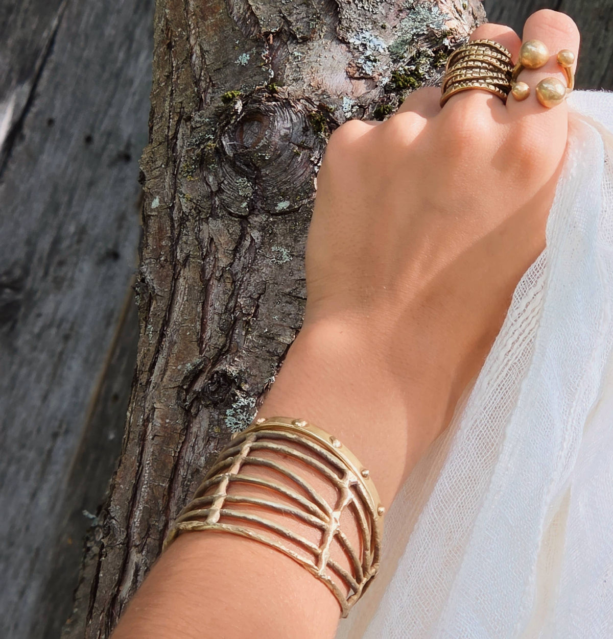 Brass caged irregular handcrafted cuff bracelet