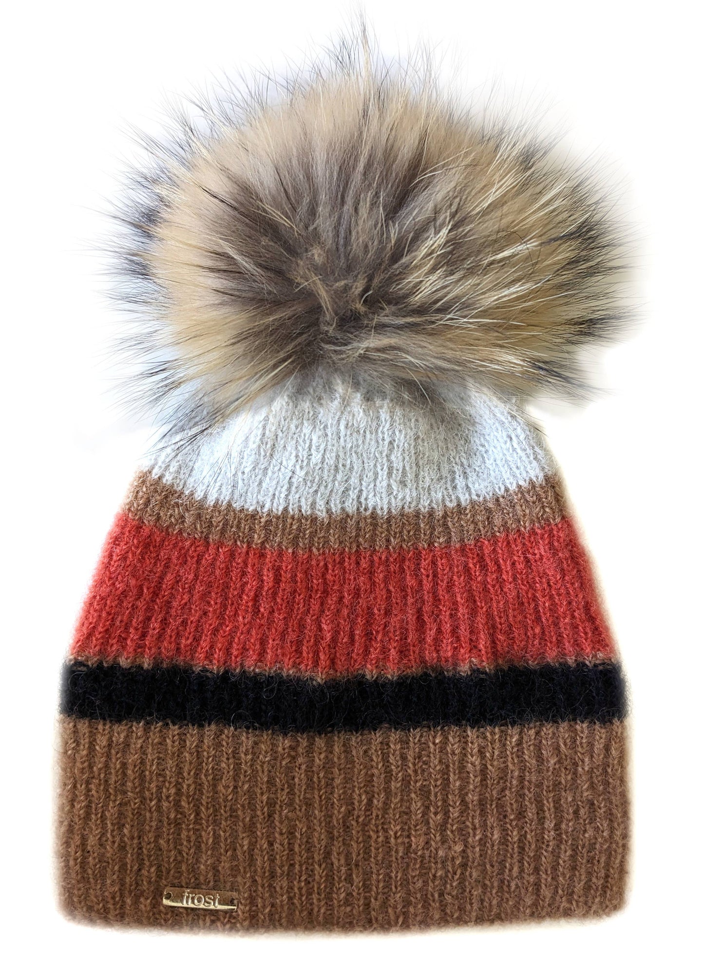 Striped mohair hat with fur pompom and fleece band lining
