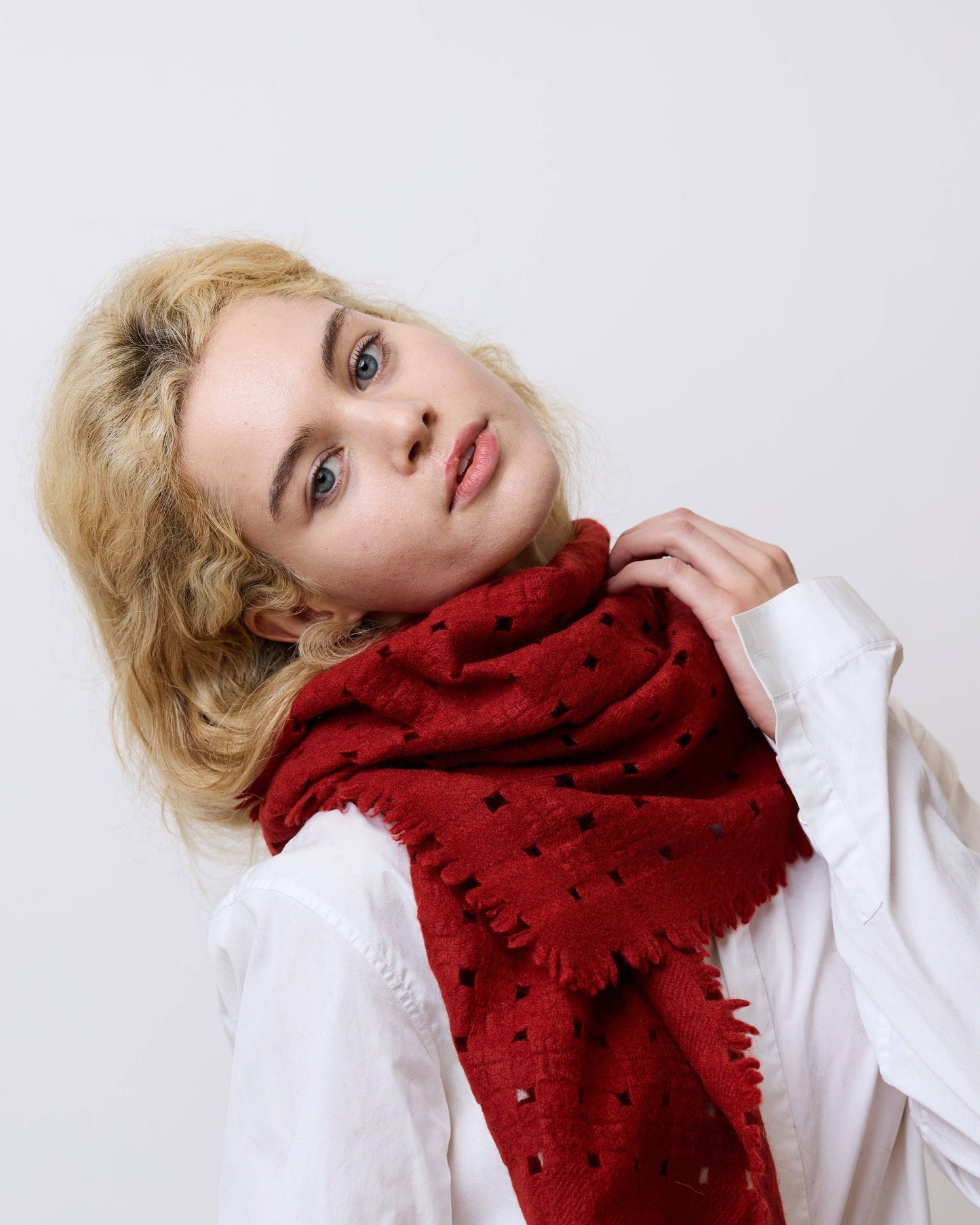 "Pixie" Eyelet Cashmere Scarf - Red