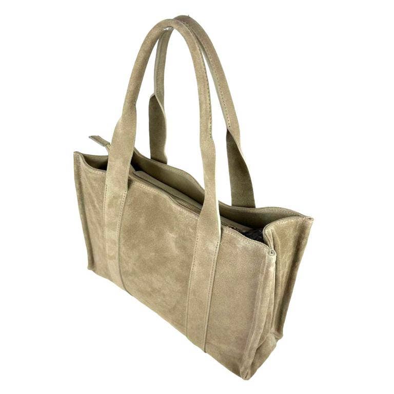 Italian Suede Leather Shopper Tote Bag