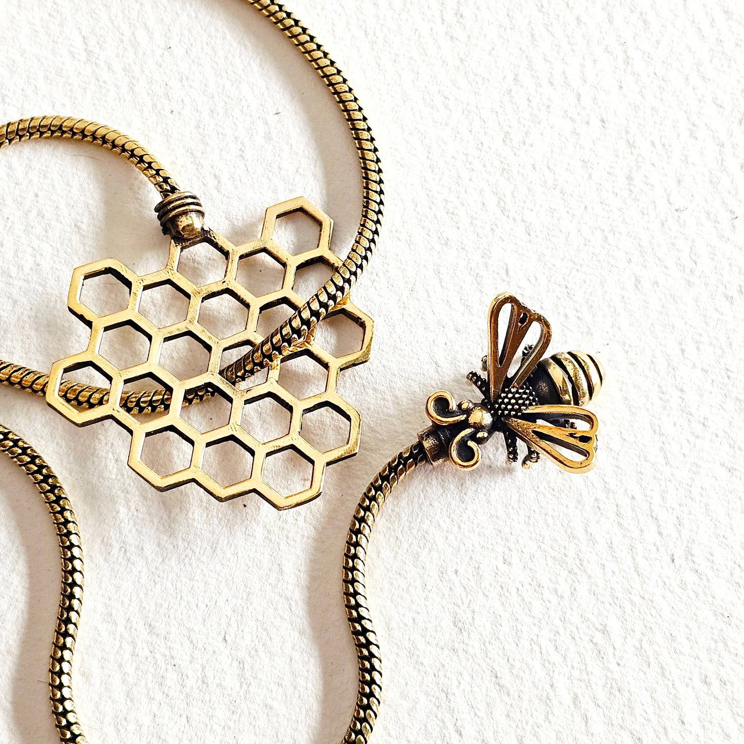 Brass Bee Honeycomb Chain Lariat Necklace BX37