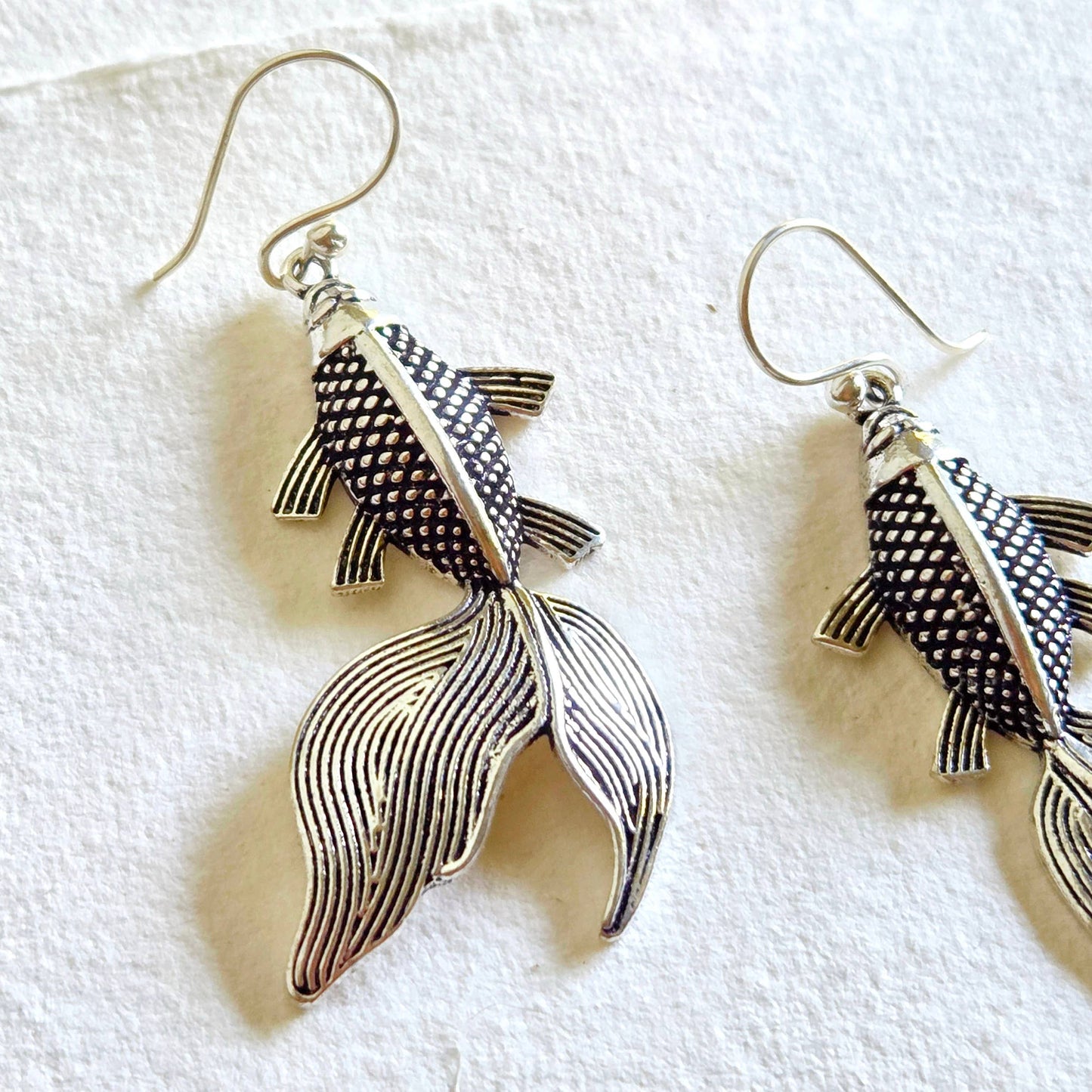 Silver Koi fish design hanging earrings handmade