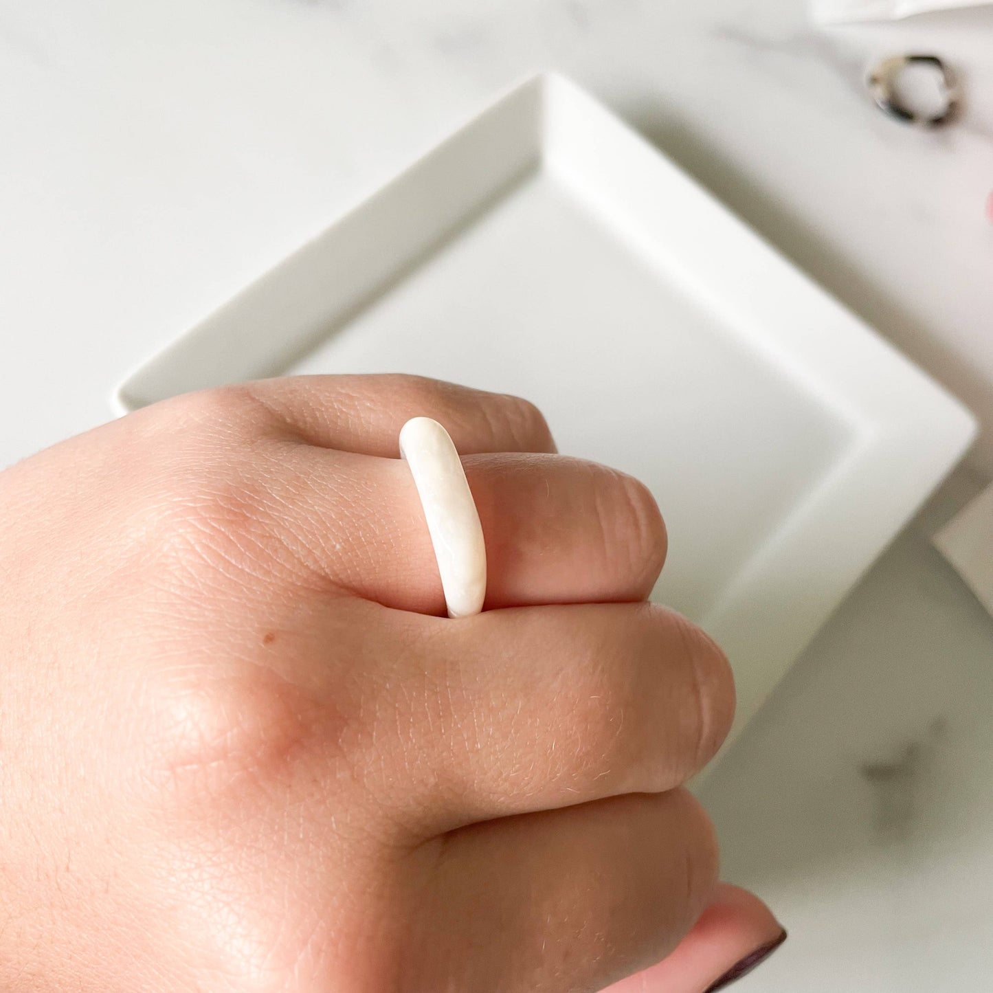 Square Dome Ring in White Pearl