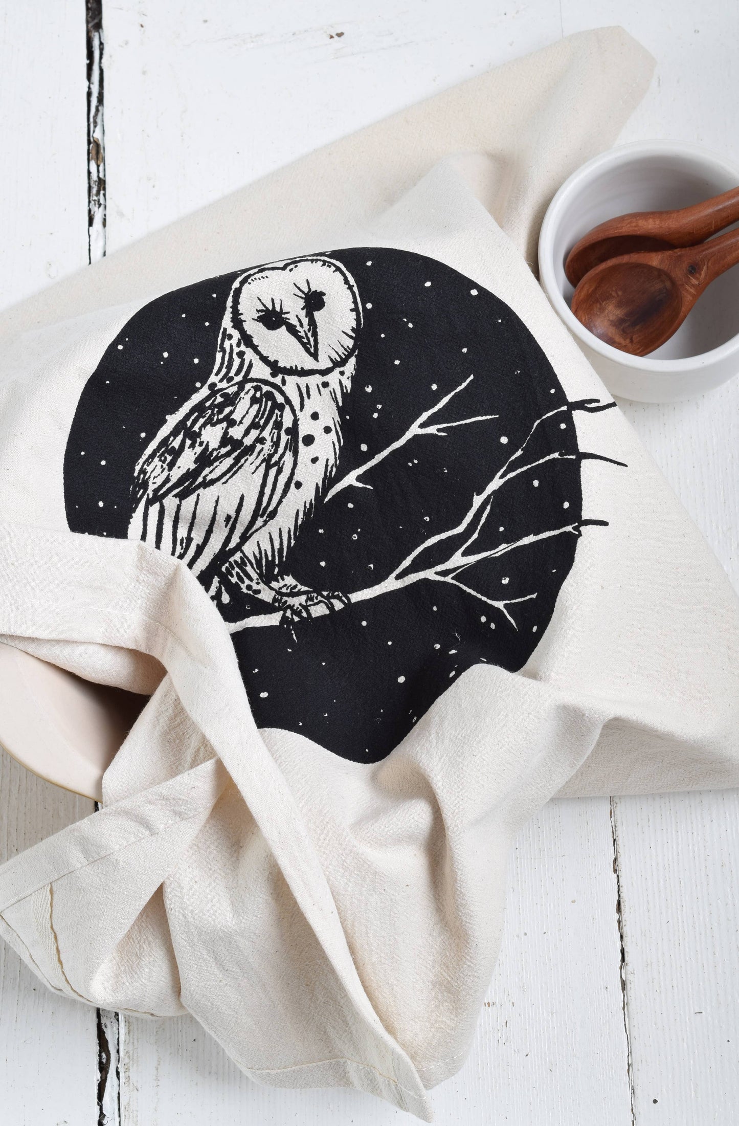 Organic Cotton Barn Owl Tea Towel - Black Print - Bird Kitch