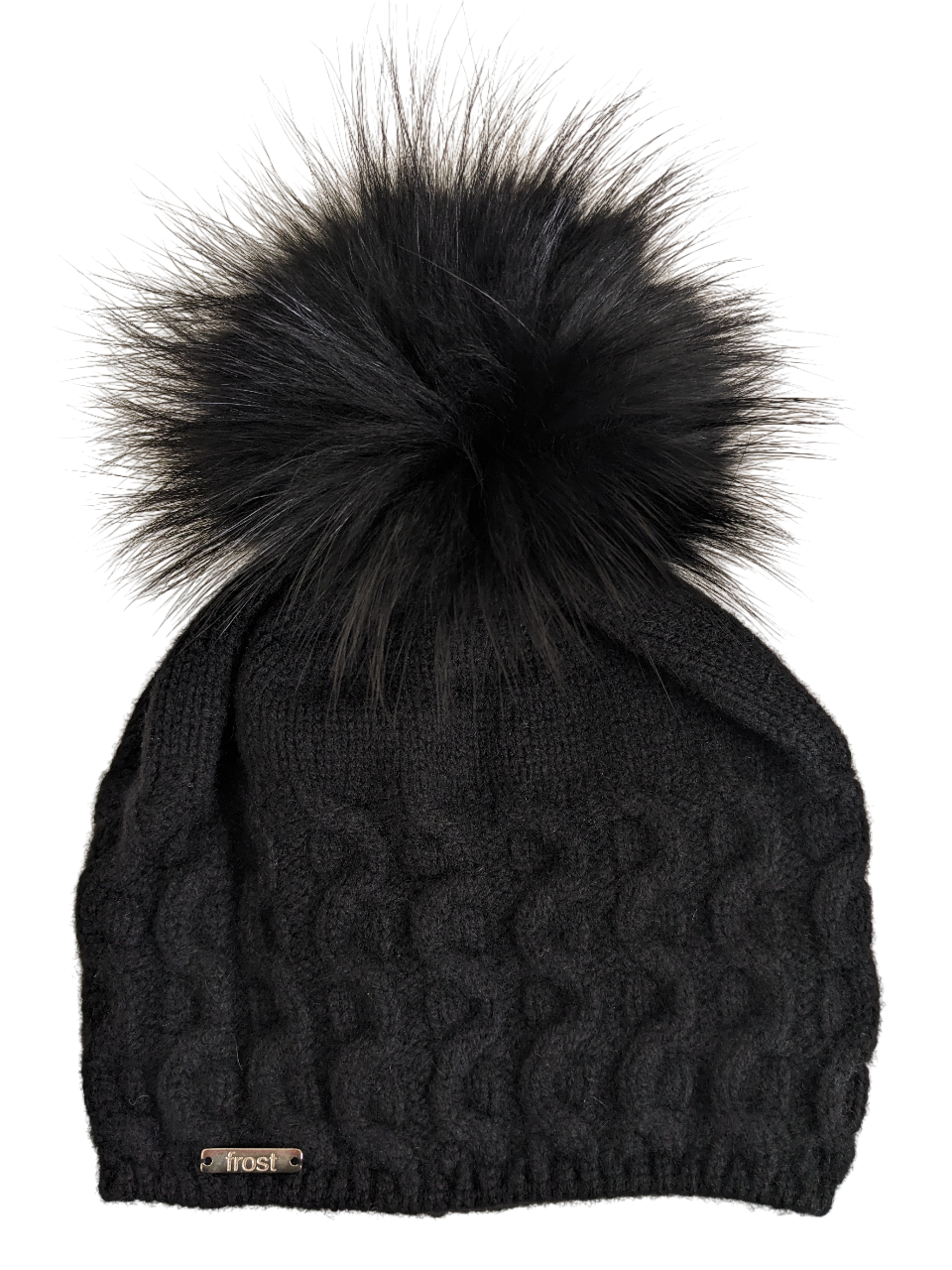 50% Cashmere 50% Merino Cable Knit Hat w/ Detachable Fur Pom