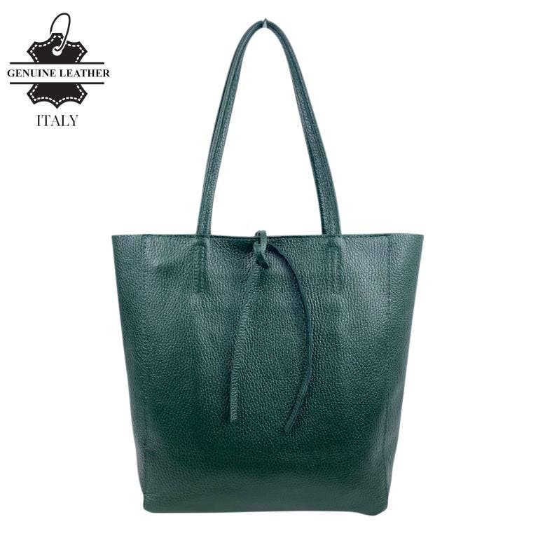 Italian Leather Bag with Short Handles and Zipper