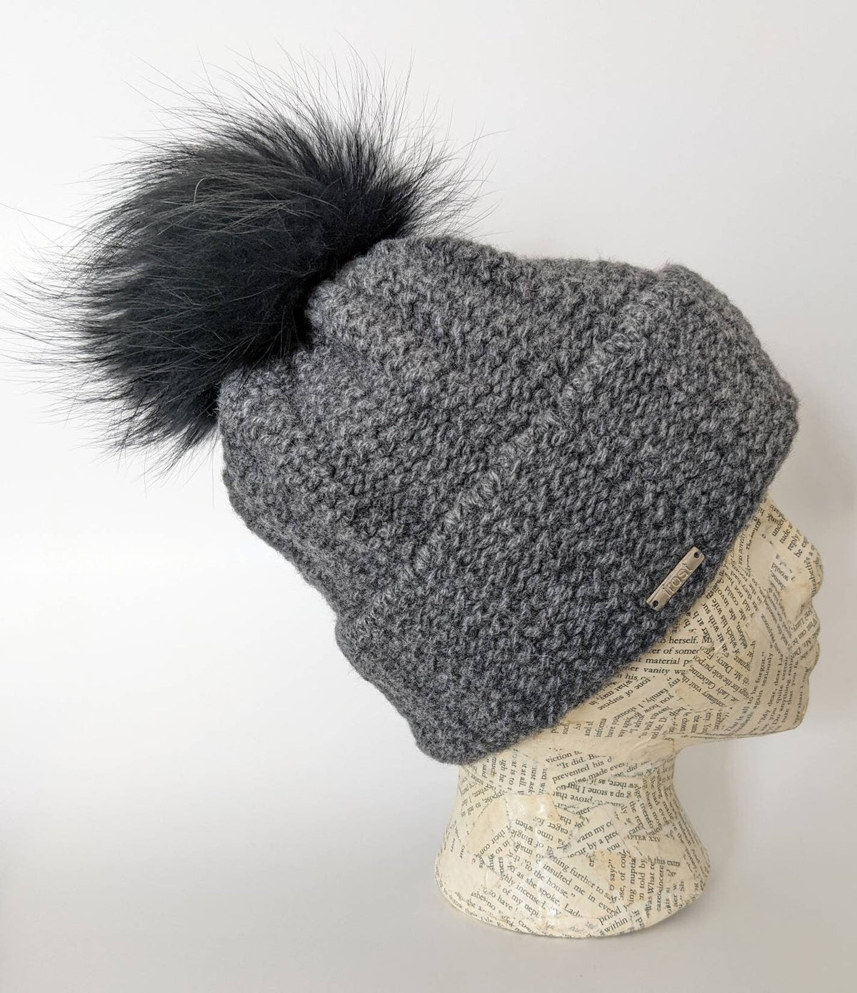 Cashmere Chunky Knit Hat with Detachable Raccoon Fur Pom