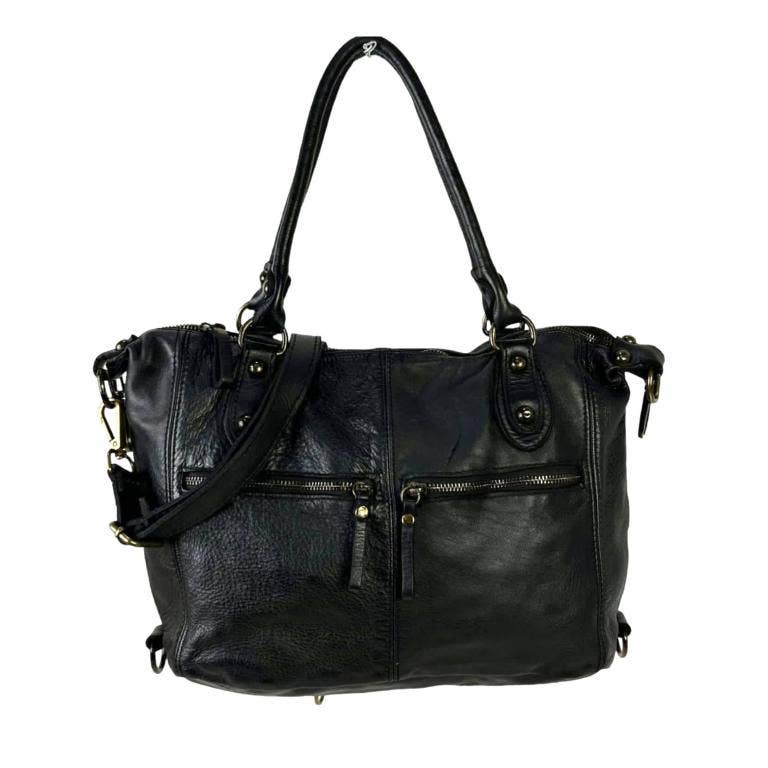 Vintage Look Washed Leather Bag with Front Pockets