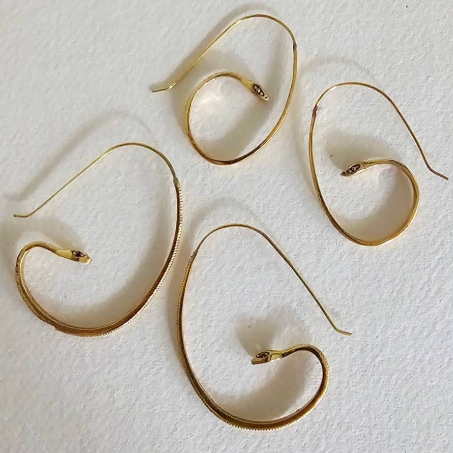 Brass snake serpent hoop earrings large onyx eyes #BX30