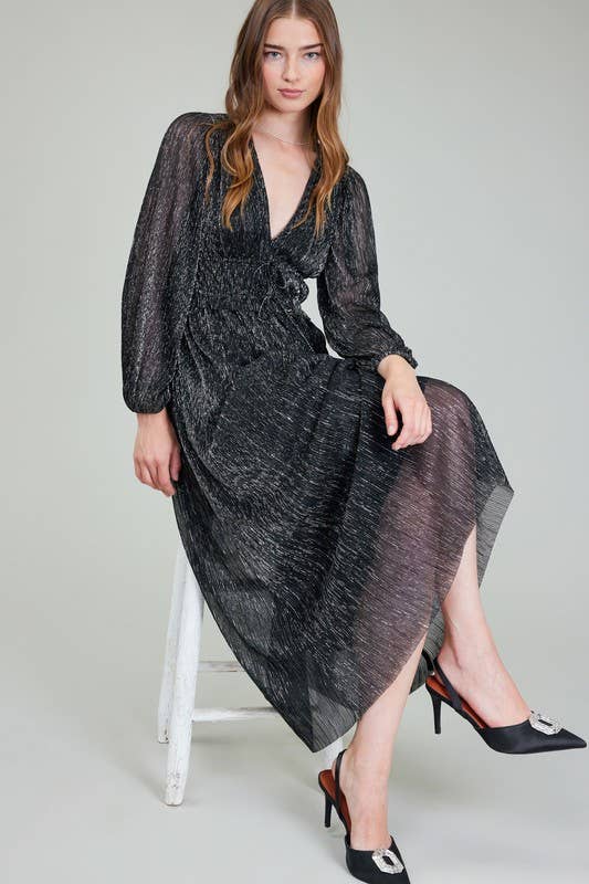 Metallic Pleated Maxi Dress | Black Silver