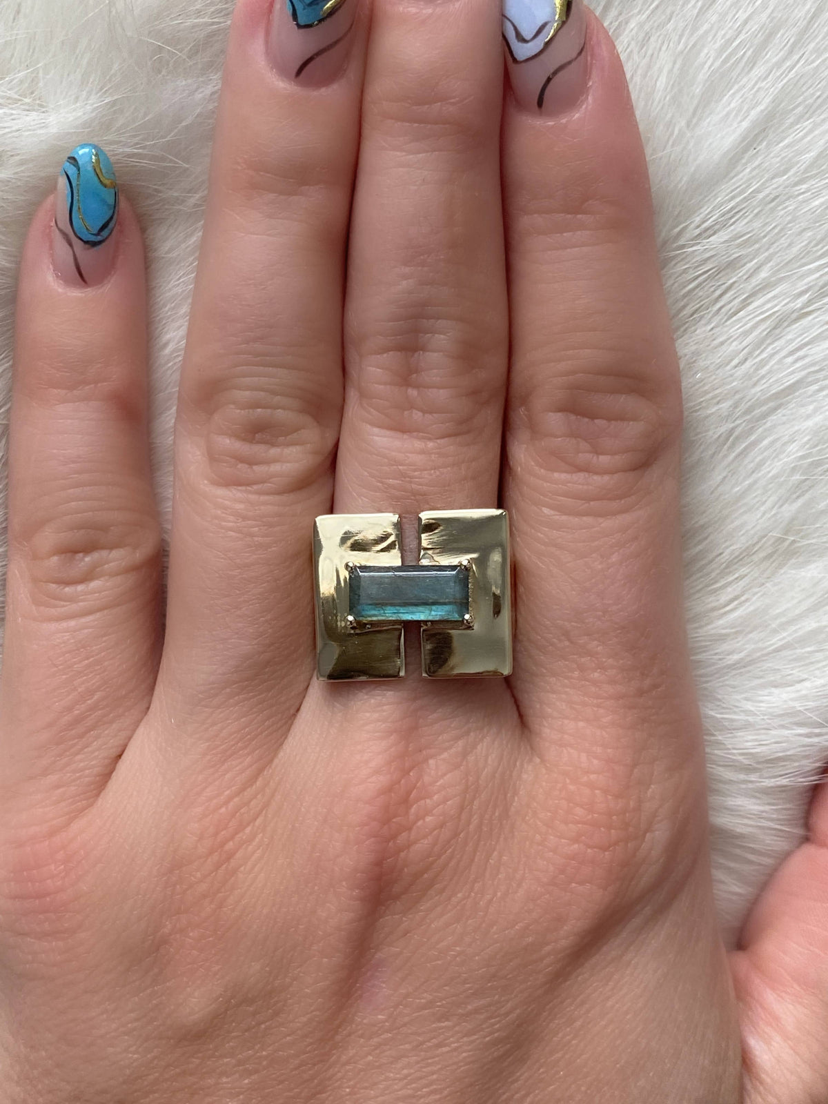 Brass Rectangle Ring with Labradorite Stone