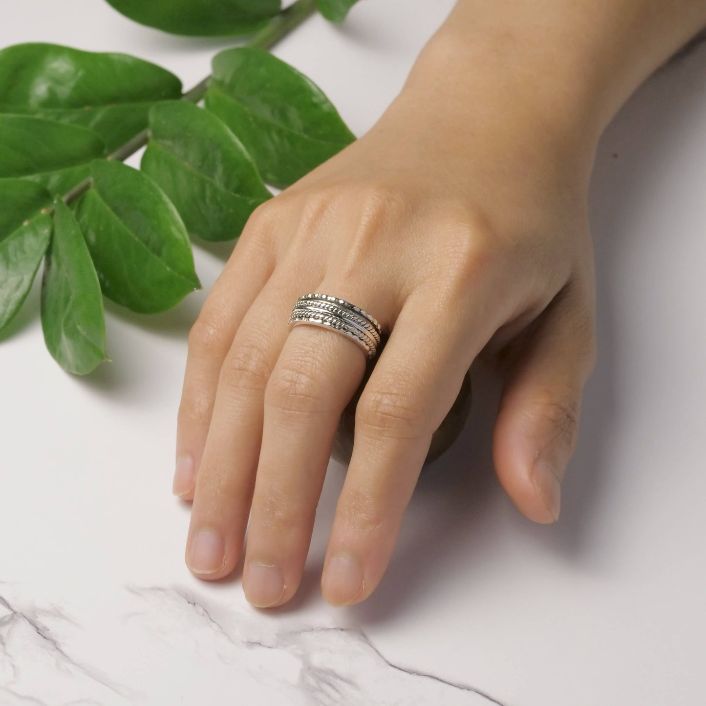 Sterling Silver Braided Spinner Ring with 3 Silver Bands - BR3