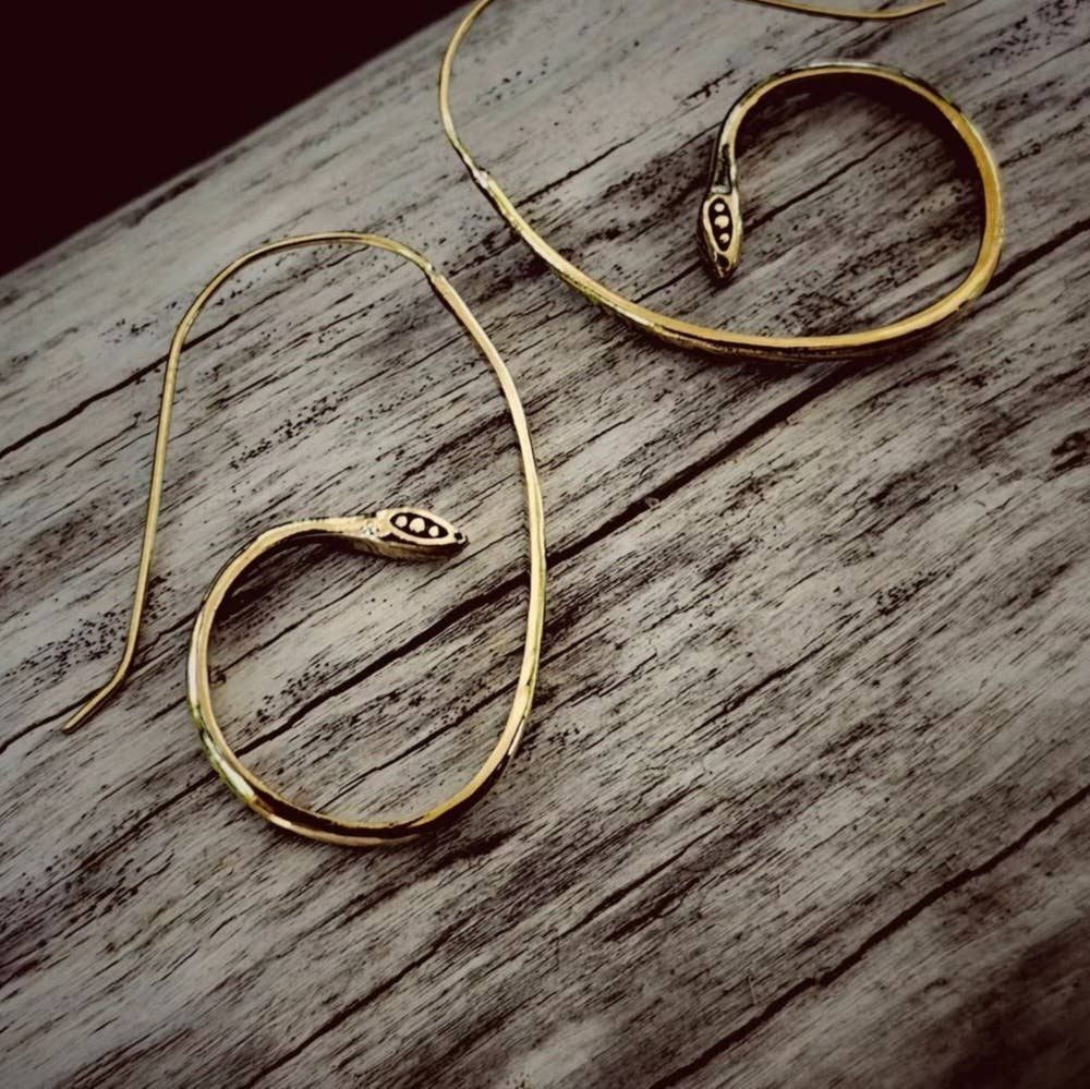 Brass snake serpent hoop earrings small handcrafted #BX31
