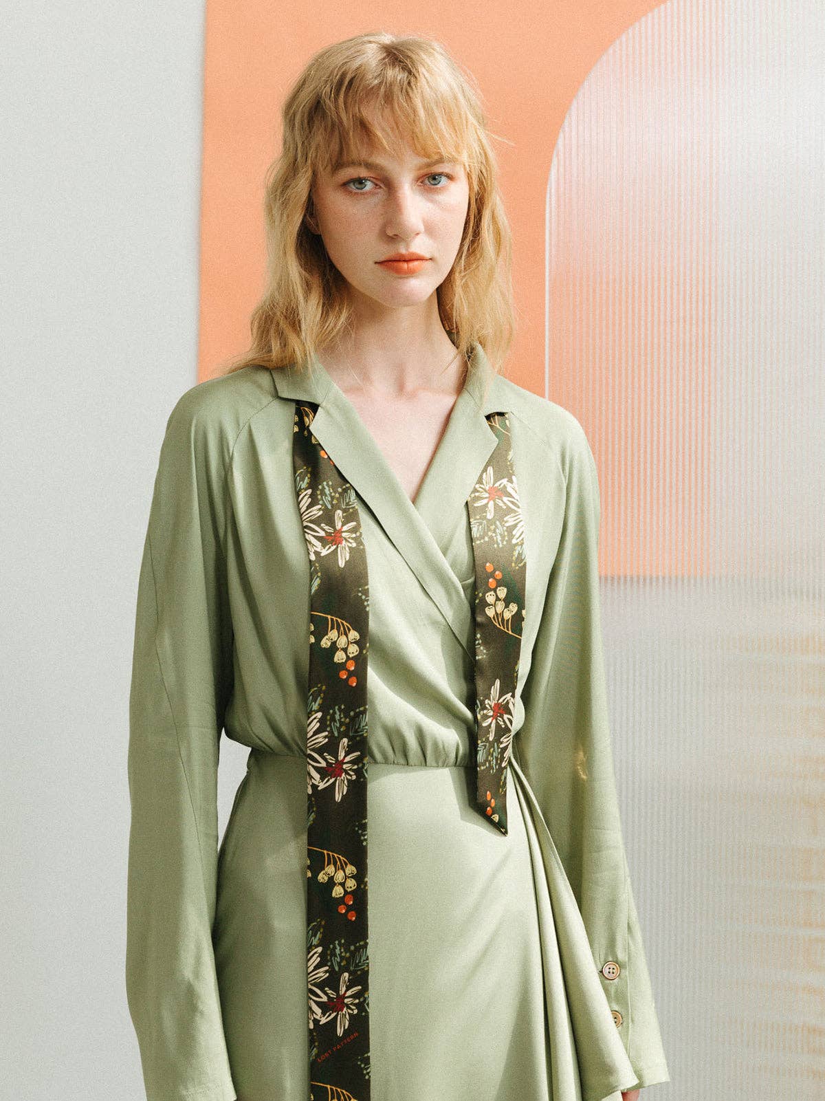 "Forest Charm" Silk Skinny Scarf - Moss Green