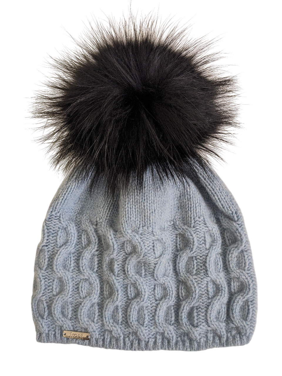 50% Cashmere 50% Merino Cable Knit Hat w/ Detachable Fur Pom