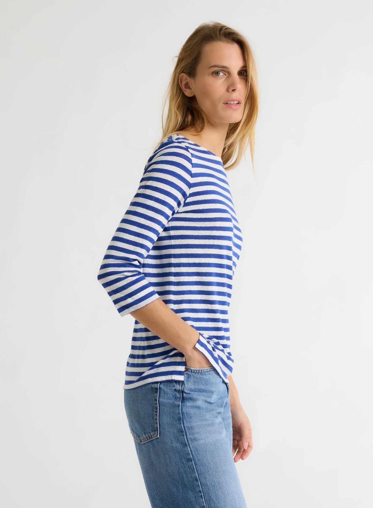 Stretch Linen 3/4 Sleeve Boatneck