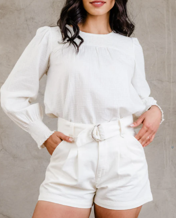 Lisa Smocked Neck Sleeve Top | White (set aside)
