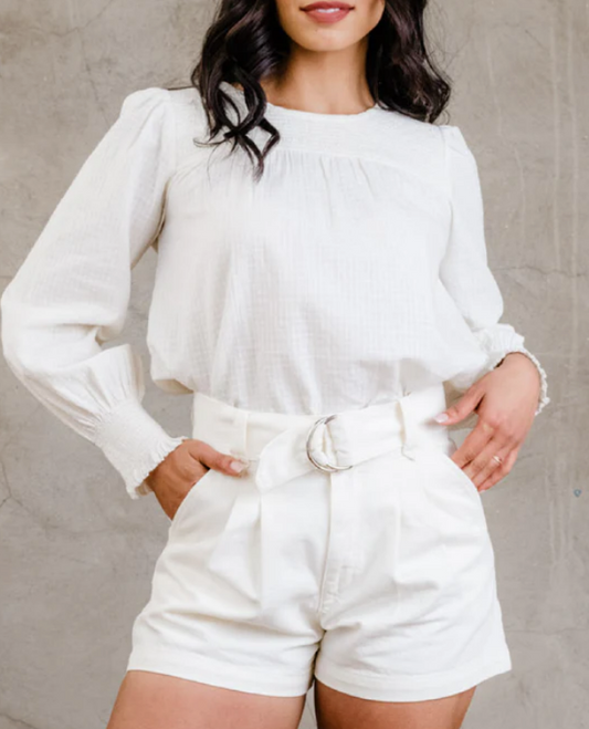 Lisa Smocked Neck Sleeve Top | White (set aside)