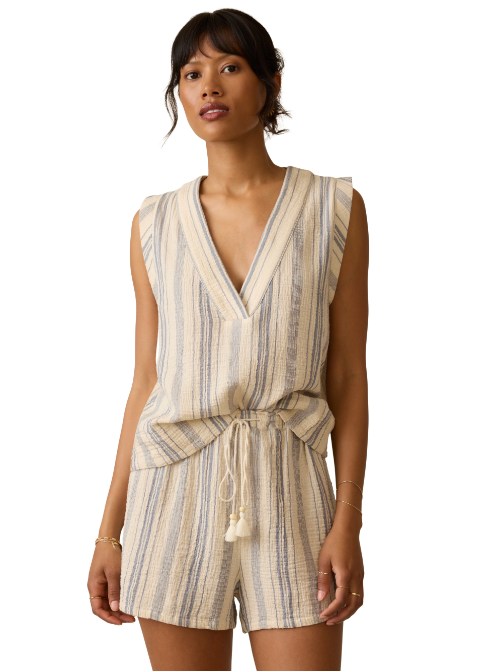 Dune Cotton Gauze Popover| Aqua Sea Stripe