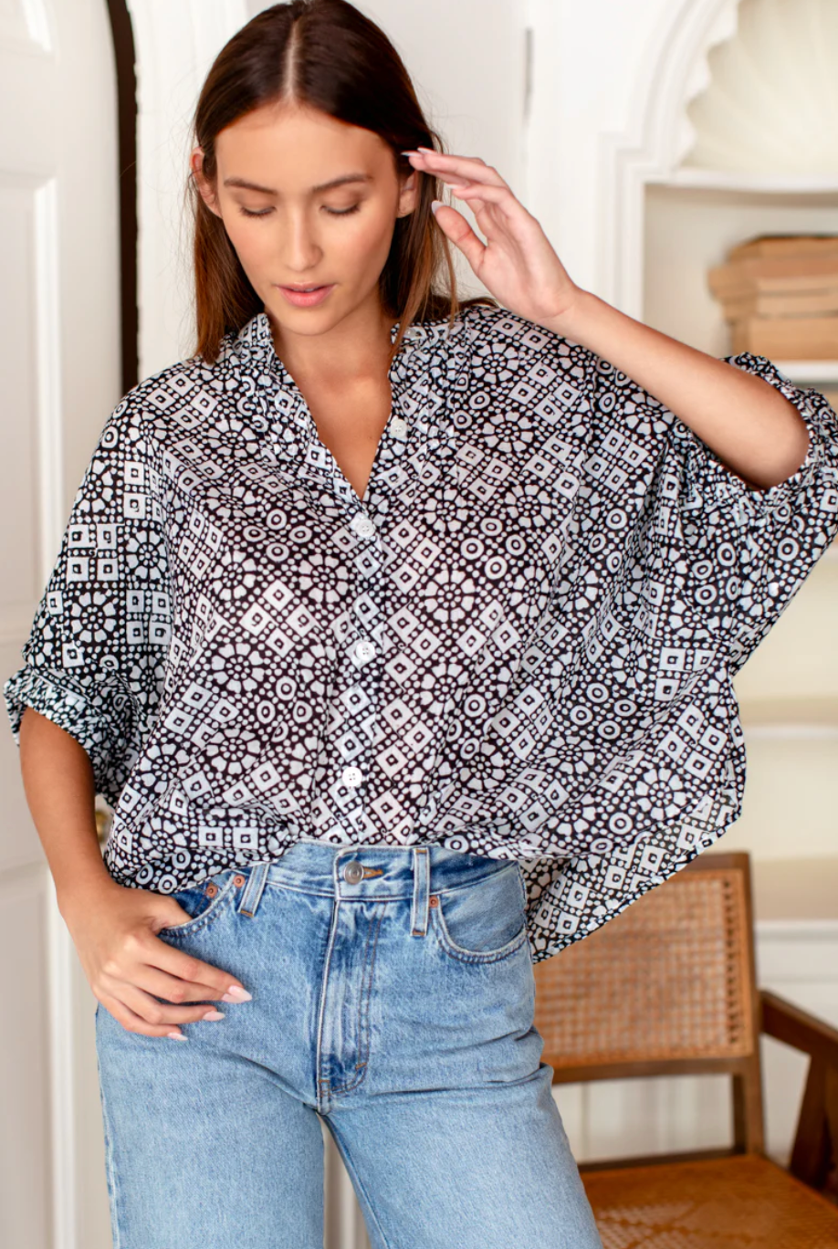 Mandarin Collar Top | Daisy Check Black Organic