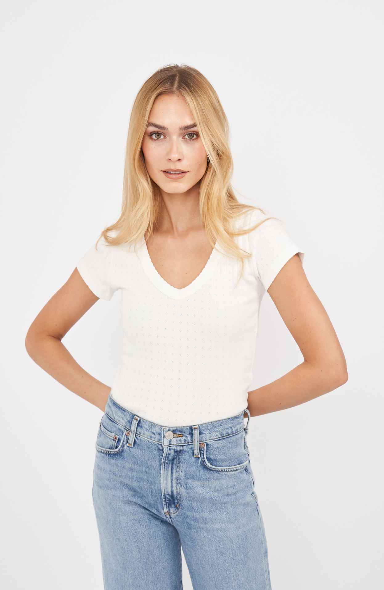 Marea Pointelle V-Neck Tee | White