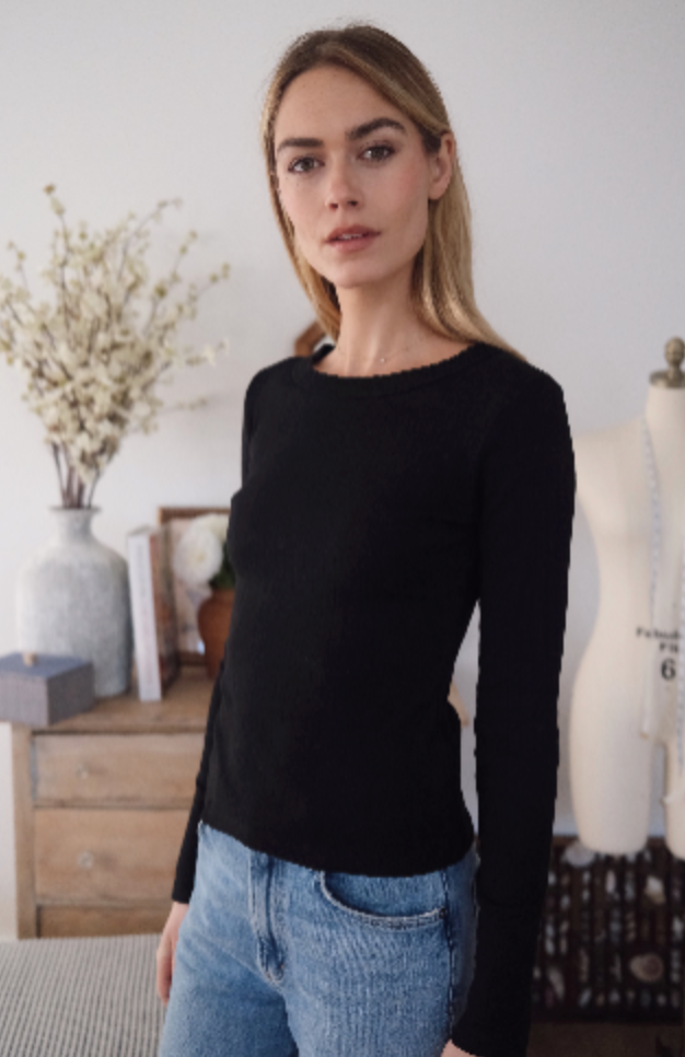 Marea Pointelle Long Sleeve Crewneck | Black