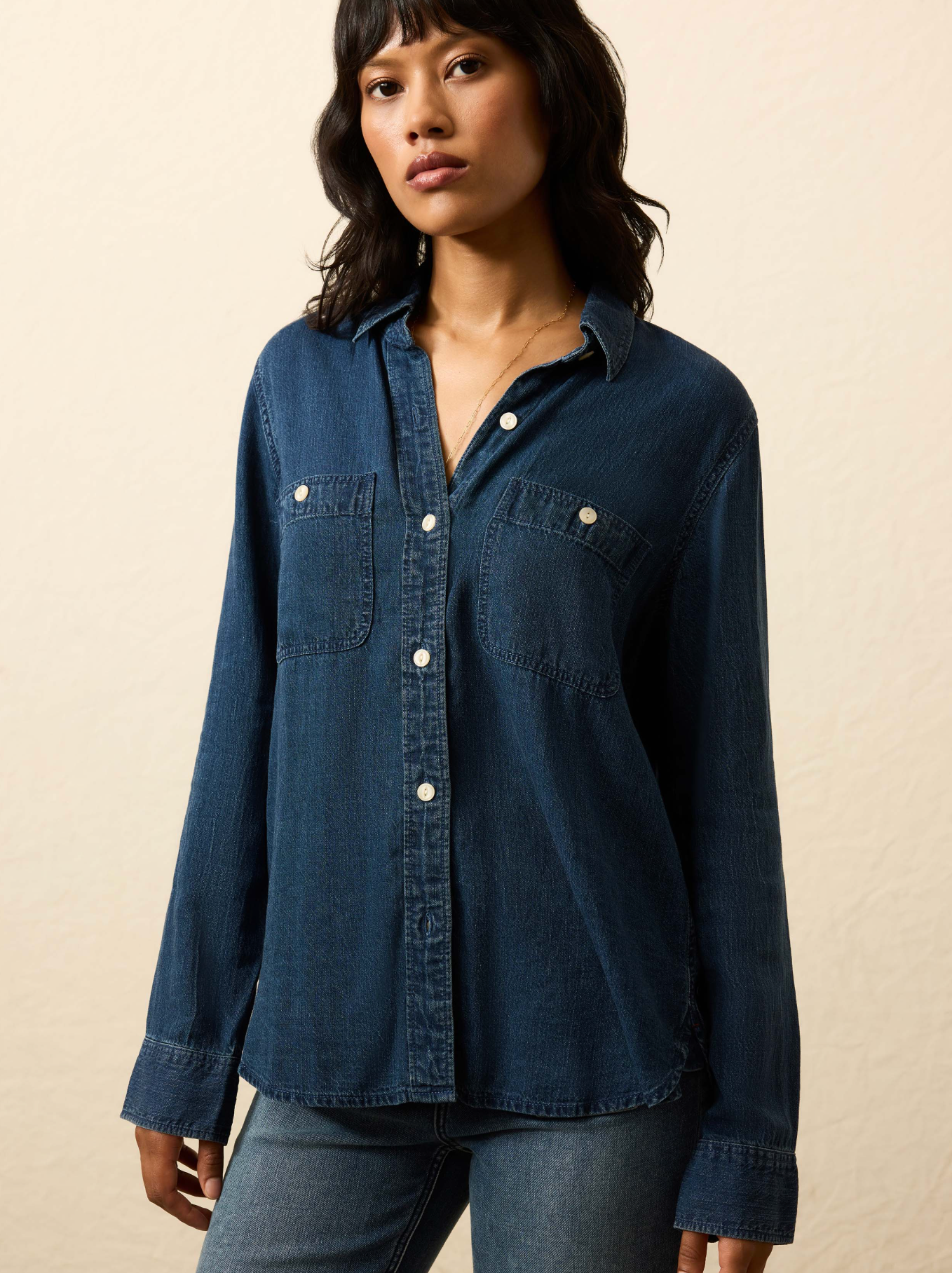 Faherty Women's Tried & True Chambray Shirt, XS, Night Lagoon Wash Faherty Women's Tried & True Chambray Shirt, XS, Night Lagoon Wash