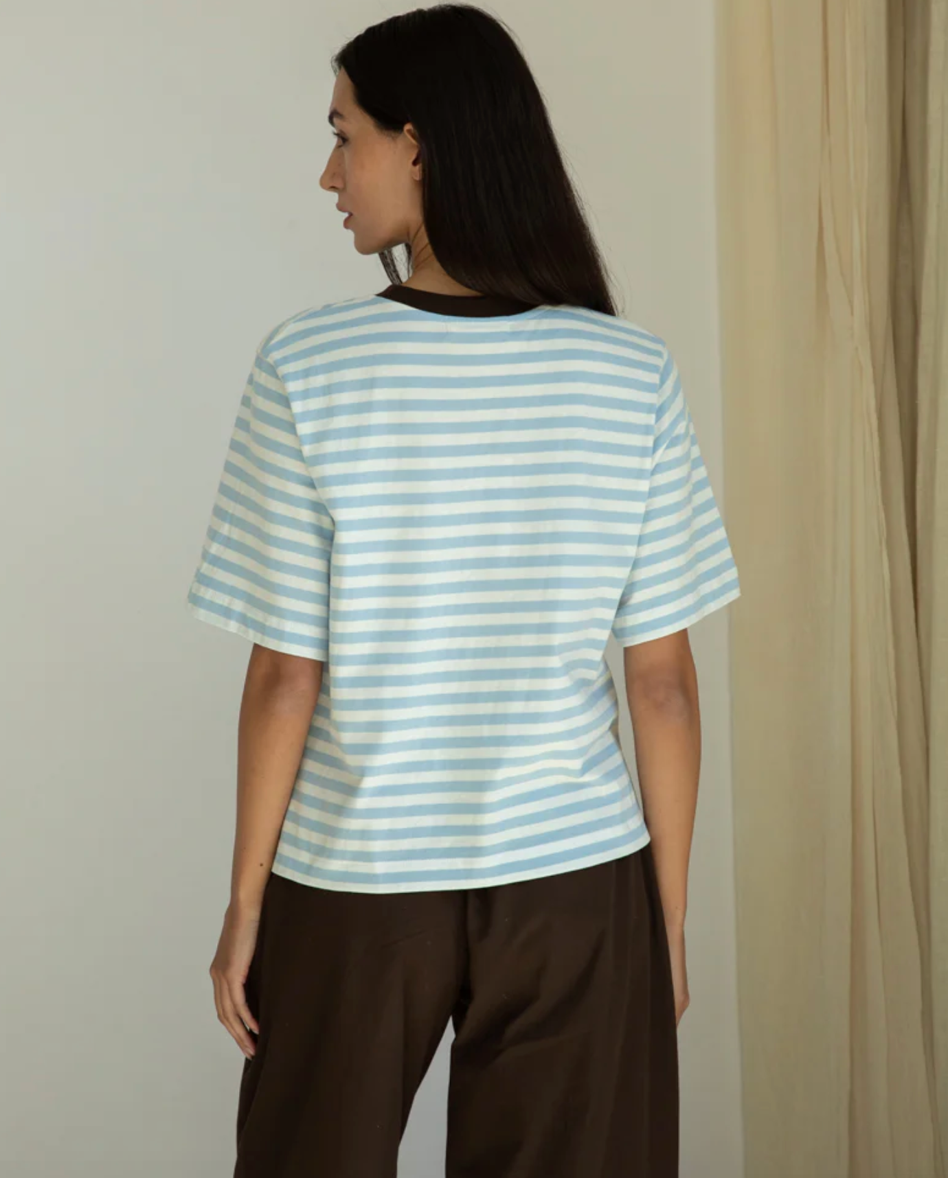 Bay-Sue Organic Cotton Jersey Stripe Top | Pale Blue and White Stripe
