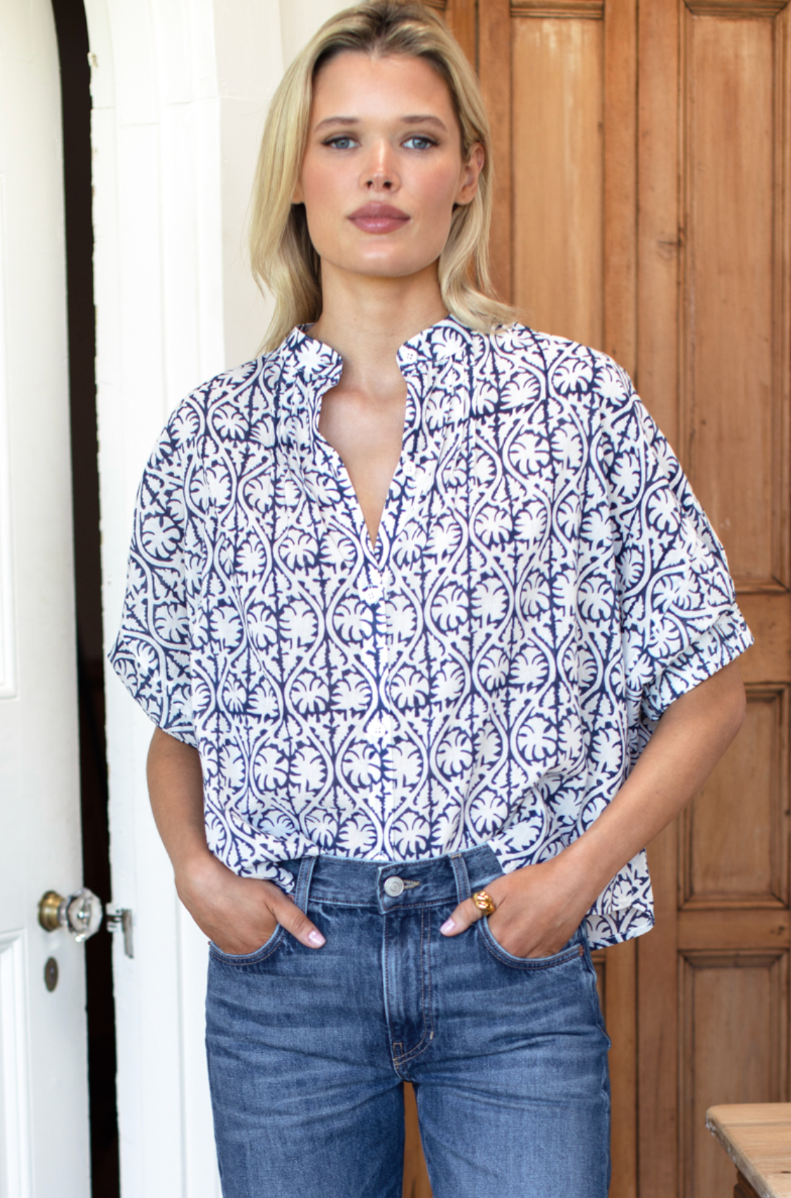 Mandarin Collar Top - Etoile Vine Indigo Organic