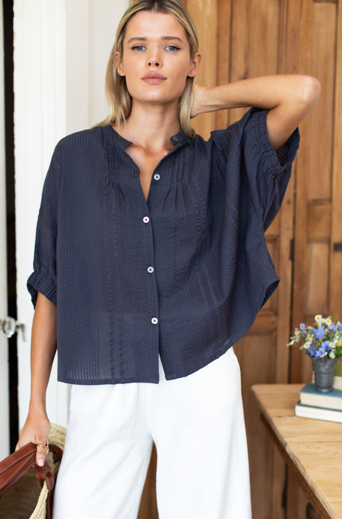 Mandarin Collar Top - Midnight Seersucker Organic