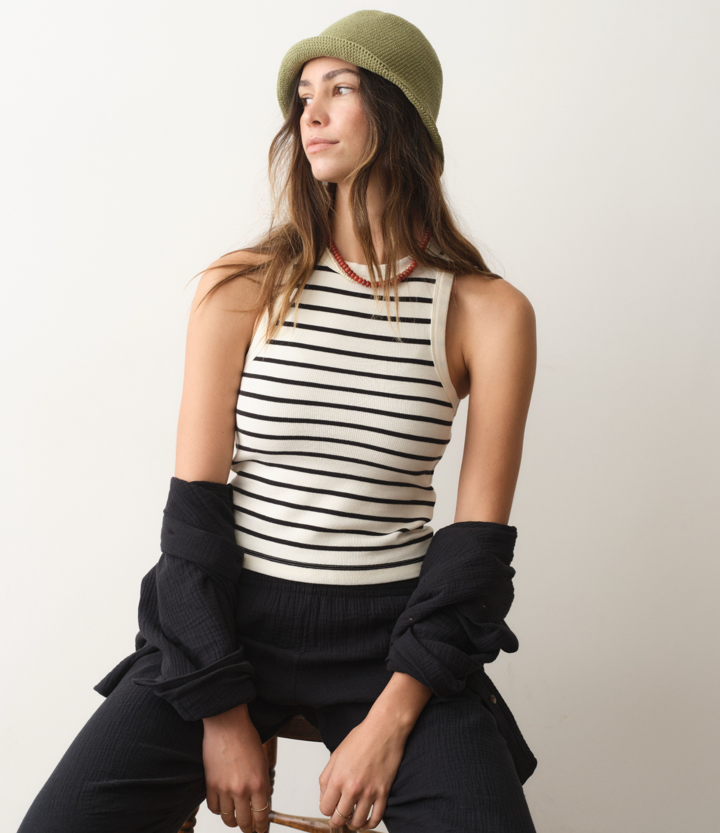 Lexi Rib Sun-In High Neck Crop Tank | Cream + Black Stripe