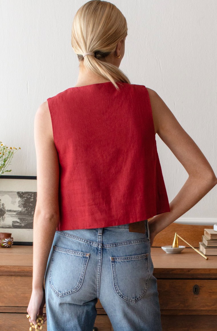 Emerson Fry Button Front Wide Hem Top - Pompeian Red Linen