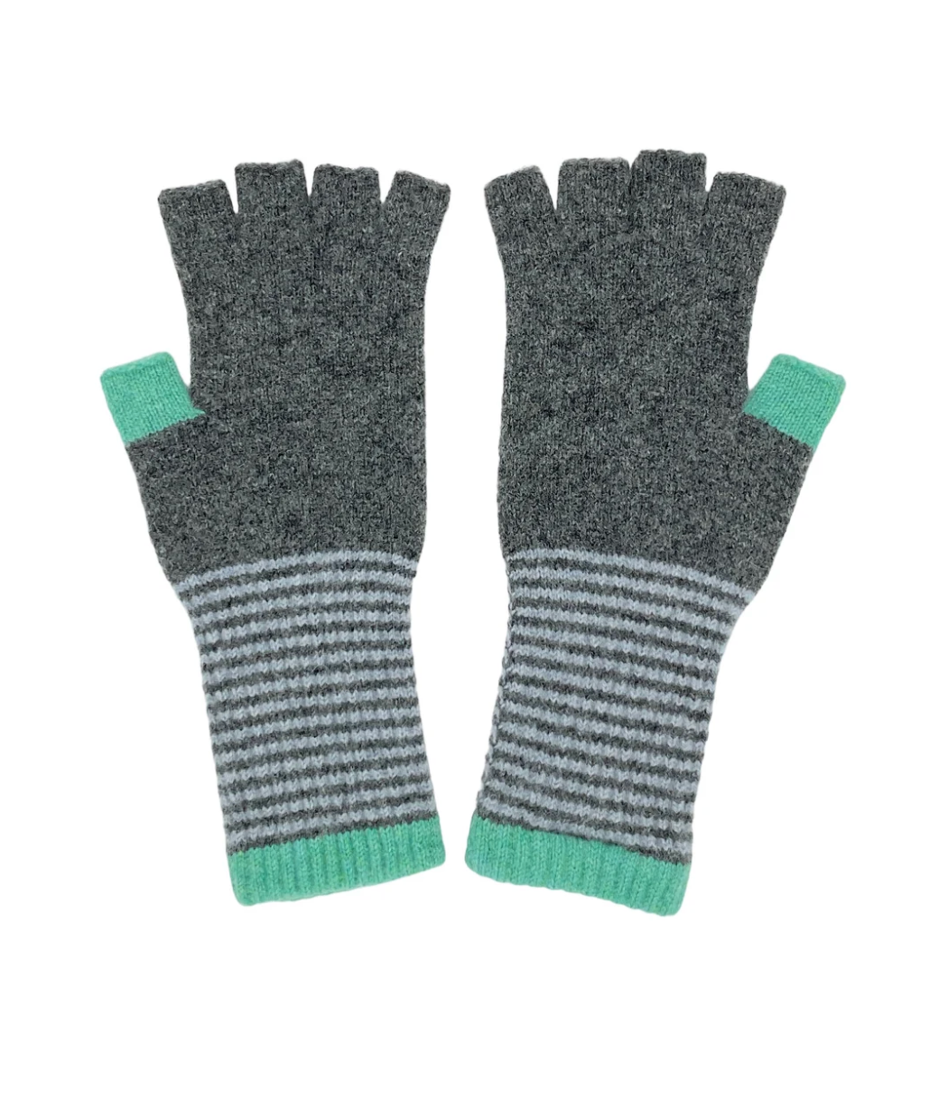 Women's Lambswool Fingerless Gloves - Grey & Mint
