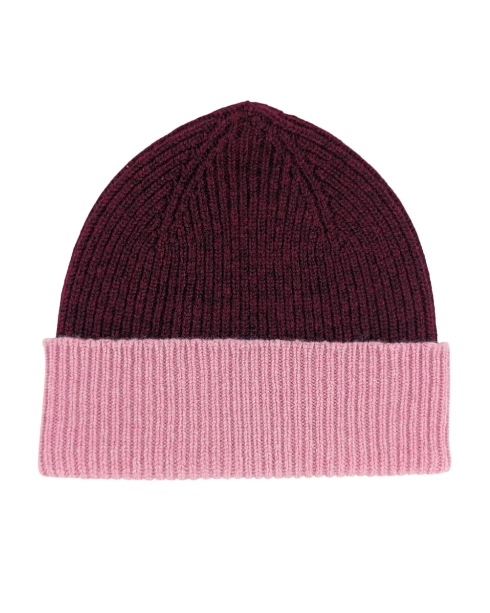 Lambswool Ribbed Beanie - Dark Red & Dusky Pink